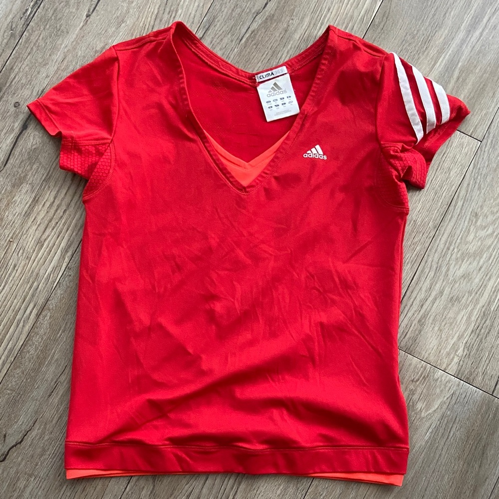Adidas Kids Red V-Neck Tee with Stripes